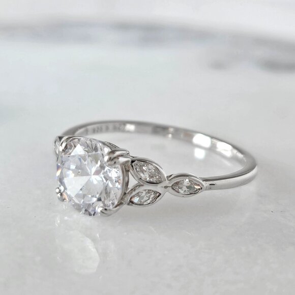 Classic Engagement Style Round Halo ring with leaf band,  925 Sterling Silver - Picture 2 of 6